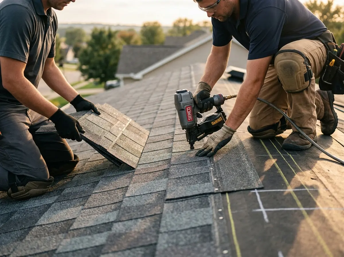 Professional roofer working on a residential roof in Webster Groves
